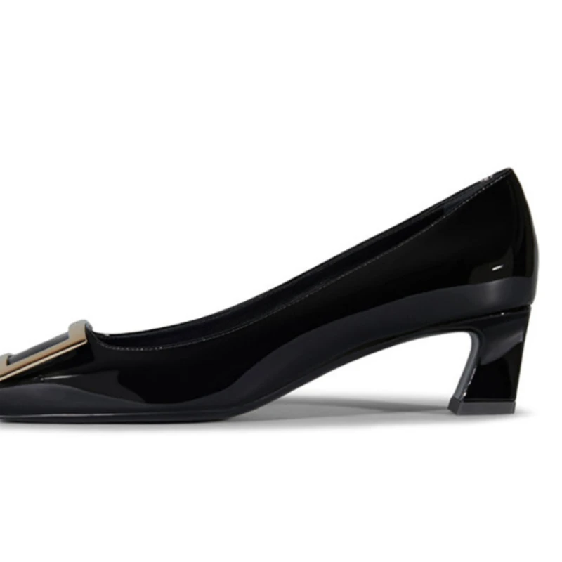 2023 New Lacquer Leather Square Button Single Shoe Thick Heel Medium Heel Square Head Shallow Mouth Women's Shoe