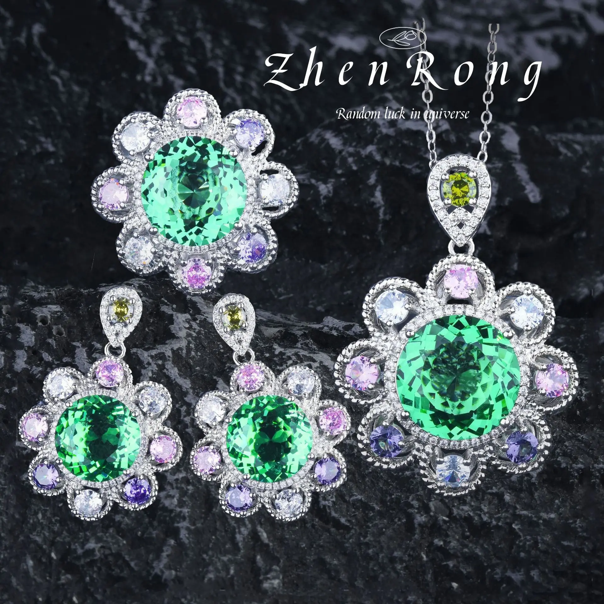 

2023 New Fashion Mint Green Tourmaline Vintage Wedding Rings Earrings Pendant Necklaces Luxury Trendy Banquet Party Jewelry Sets