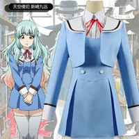 high rise invasion cosplay anime tenkuu shinpan shinzaki kuon cos jk uniform stripe top blue dress coat socks bowknot 5pcs set