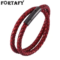 fortafy jewelry for men women red genuine leather braided bracelet punk fashion steel buckle charm leather wristband gift fr0488