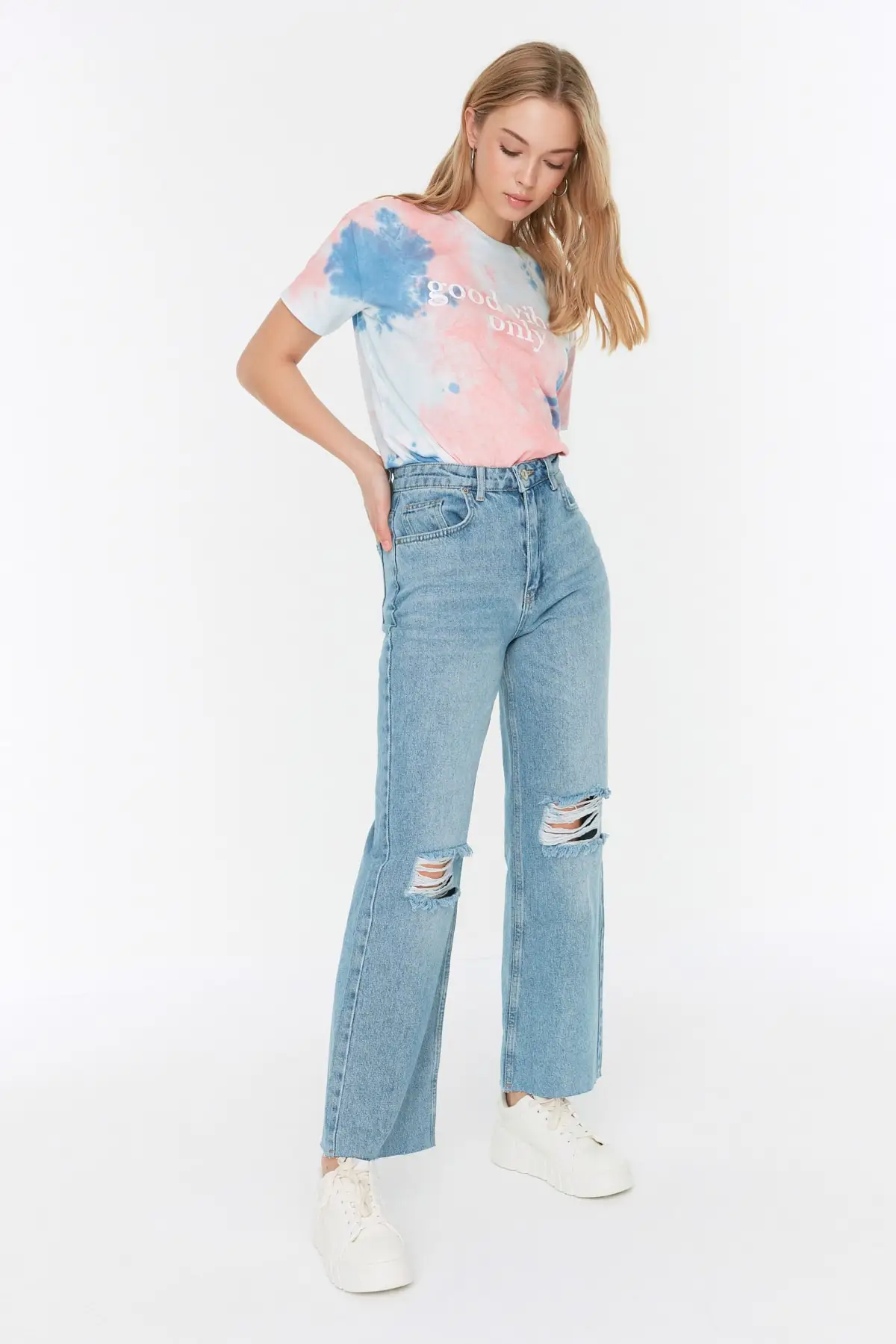 

Women's Jean Blue Petite Ripped Detailed High Waist & S Wide Leg Straight Pant Jeans Buttons Zipper Ladies