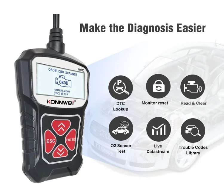 Фото Портативный сканер KONNWEI OBD2 KW310 для автомобилей, считыватель кодов неисправностей, сброс индикатора замены масла, поддержка нескольких языков, автомобильные диагностические инструменты №2