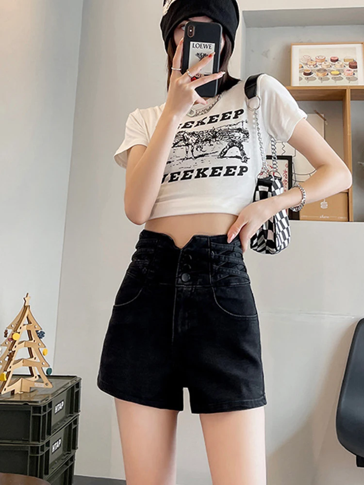 

A-line Hot Black Denim Woman Shorts Summer Sweet High-waisted Tailoring Modified Pants Soft and Versatile Casual Basic Female