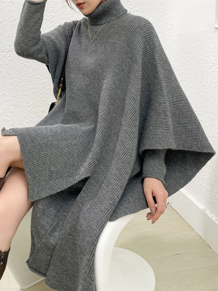 DEAT Элегантный вязаный комплект из 2 предметов водолазка свободный плащ