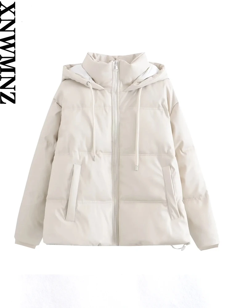 XNWMNZ Women Fashion Winter Warm Faux Leather Hooded Padded Jacke Stand Collar Thickened Long Sleeves Zip Coat Female Outerwear