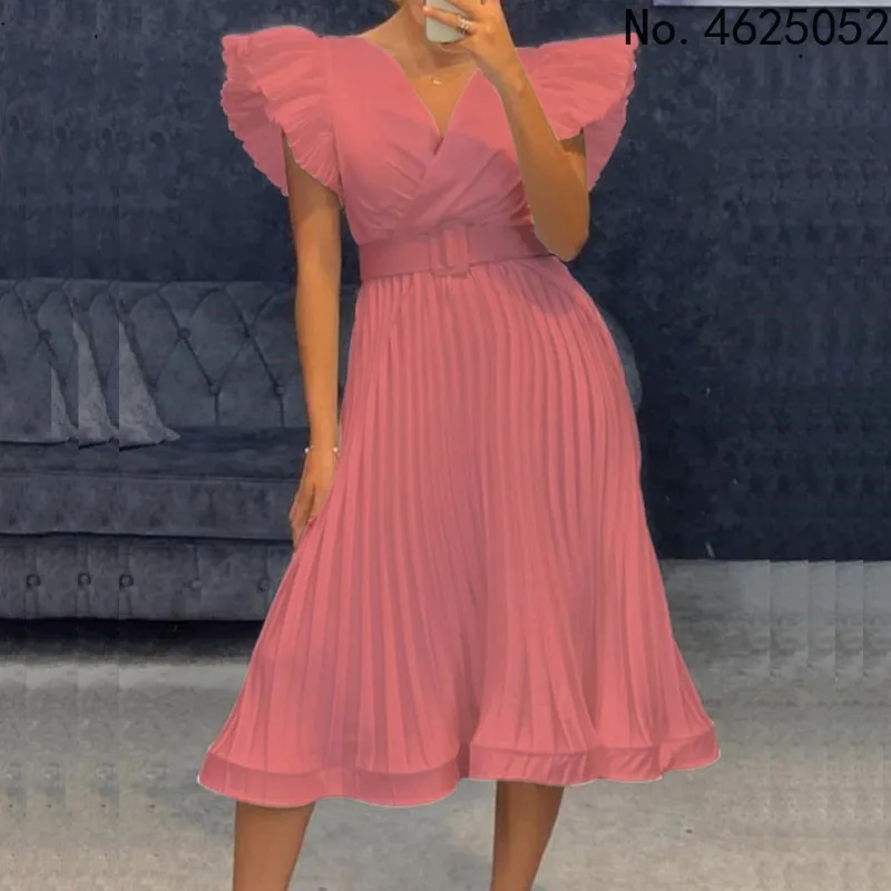 

Женское однотонное плиссированное платье до середины икры, с круглым вырезом и рукавом до локтя