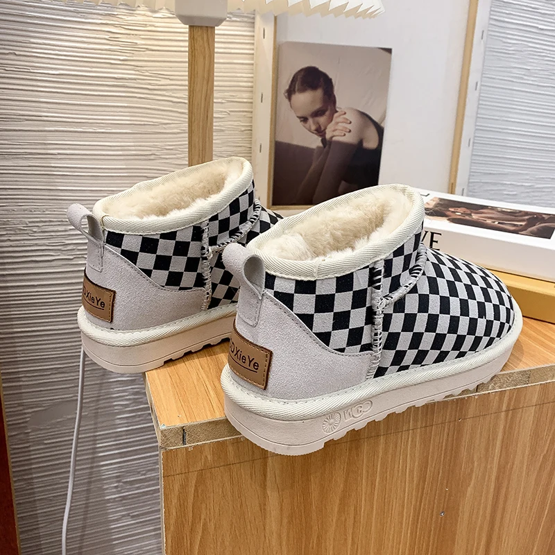 2022 Comfortable Flat Casual Platform Color Blocking Checkered Shoes Ankle Boots Plush Warm  Mujer Women Snow Boots Winter