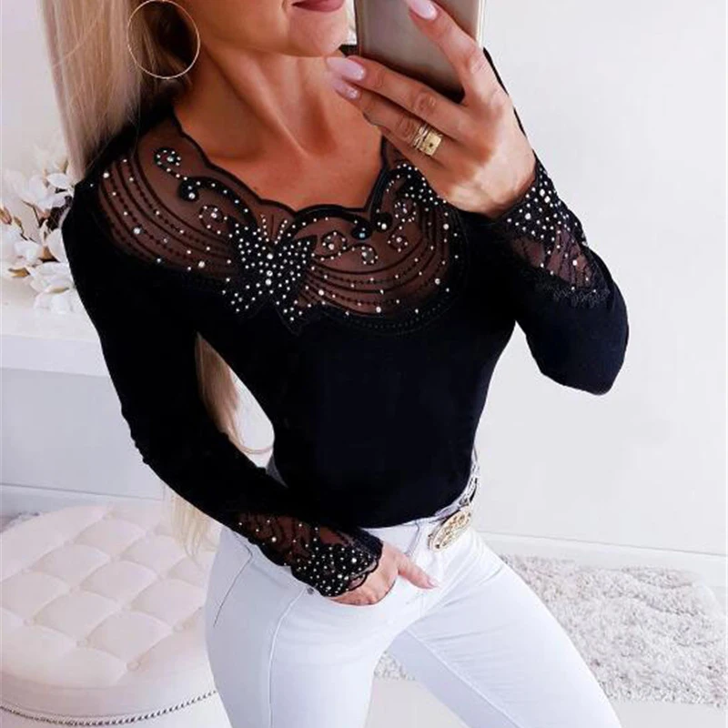 

Женские весенне-осенние модные топы S-3XL 2022, лоскутные кружевные облегающие модные футболки Гренадин Стразы