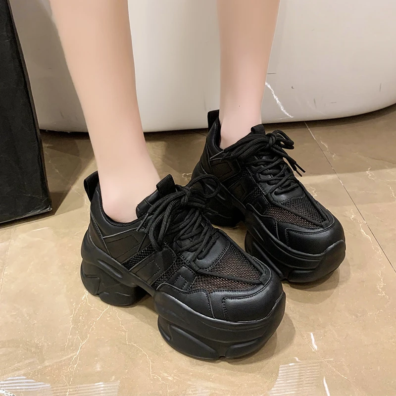 Women Chunky Leather Sneakers Platform Ulzzang Sports Shoes Summer Thick Bottom Women's Breathable Mesh Wedges Casual Shoes 7CM