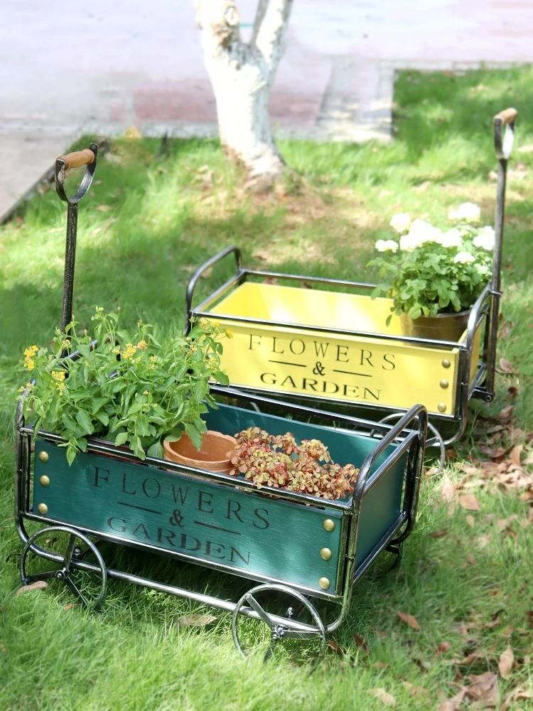 Rustic Retro Outdoor Wood Iron Garden Balcony Landscape Cart Decorative Flower Pot Wagon