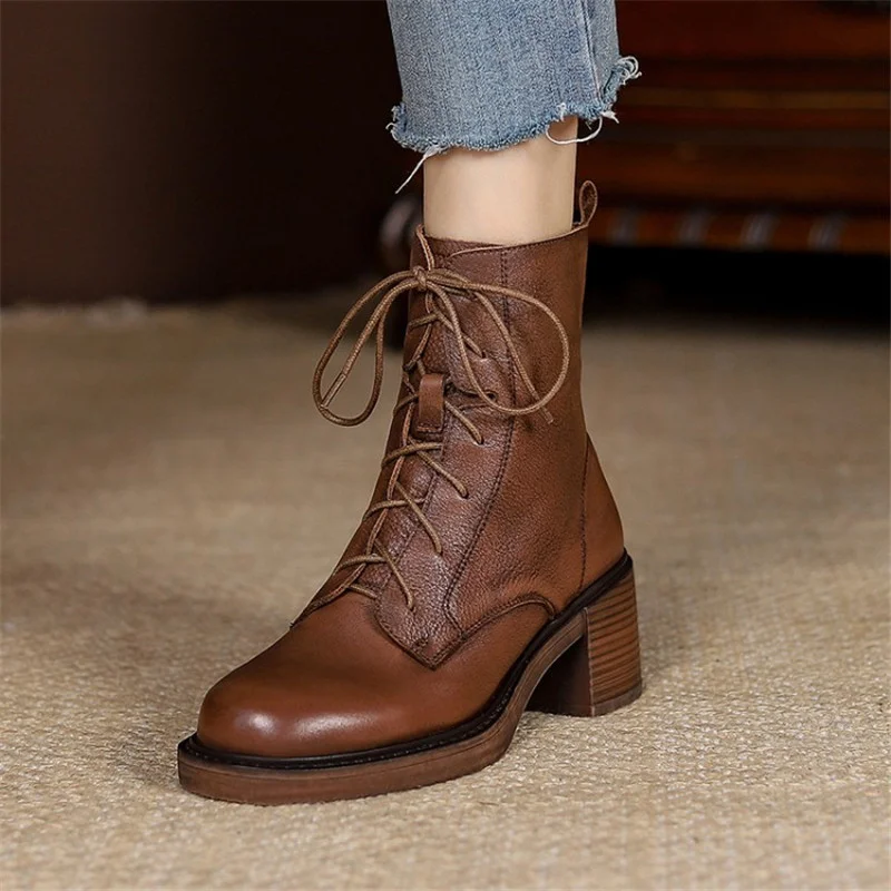 

Winter Genuine Leather Women Boots Round Toe Thick Heel Lace Up Fashion Ankle Boots Retro Boots Platform Shoes Heels Grown