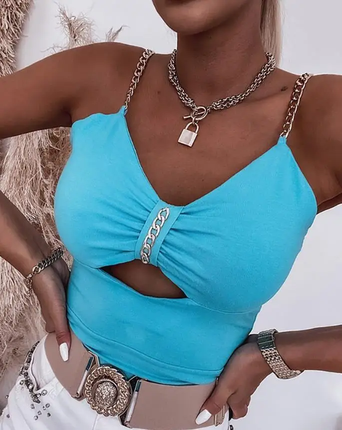 

Chain Decor Ruched Cutout Cami Top Blue Sold Women's Tanks Tops V-Neck Sexy Shirt Summer Fashion Match Vest for Girls Daily Home