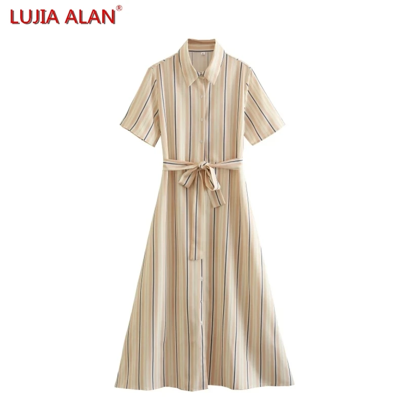 

Summer New Women's Belt Elegant Striped Shirt Midi Dress Female Casual Short Sleeve Loose Vestidos LUJIA ALAN WD2629
