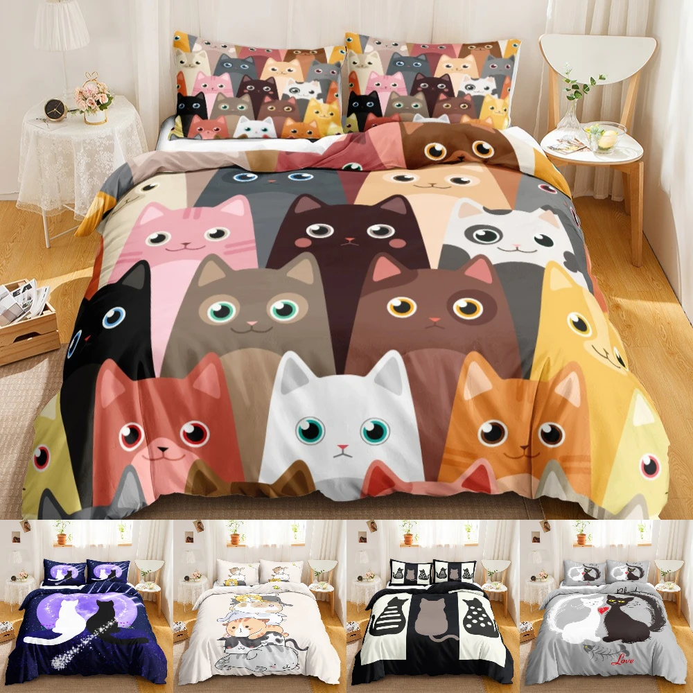 

Cat Duvet Cover Set Digital Different Color Cartoon Cute Cat Bedding Set Bedclothes Double Queen King Size Polyester Qulit Cover