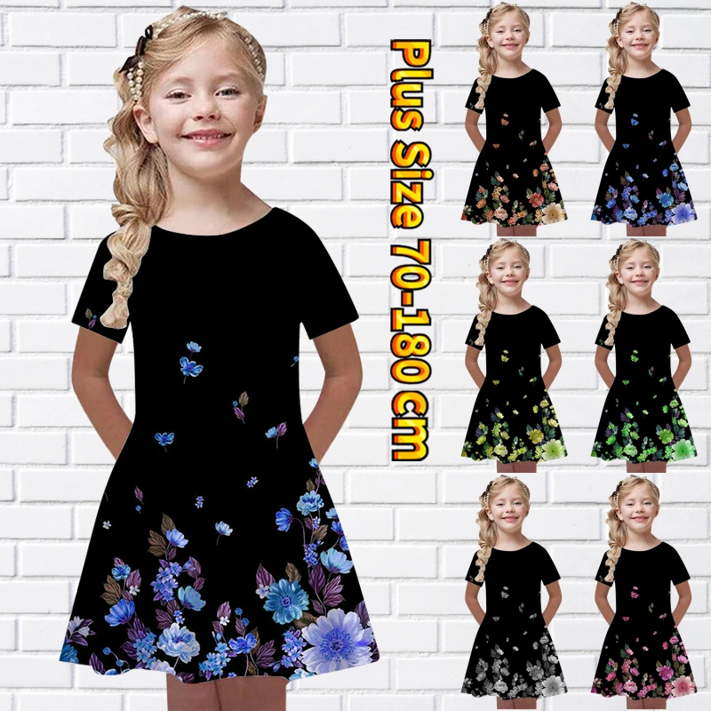 

Новинка лета 2023, платье с круглым вырезом и цветочным принтом для маленьких девочек, юбка принцессы, модная повседневная Юбка До Колена, юбка с коротким рукавом