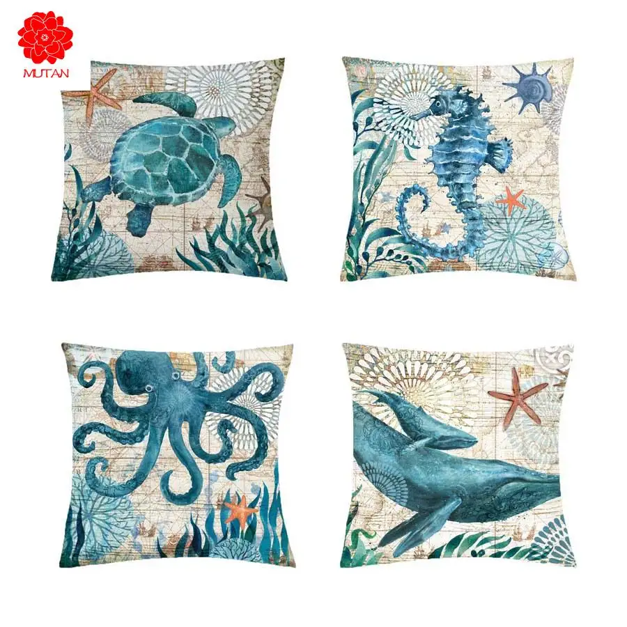 

YWZN Turtle Pillow Case Sea Style Octopus Printing Polyester Throw Pillow Case Cover Sea Pillowcases kussensloop