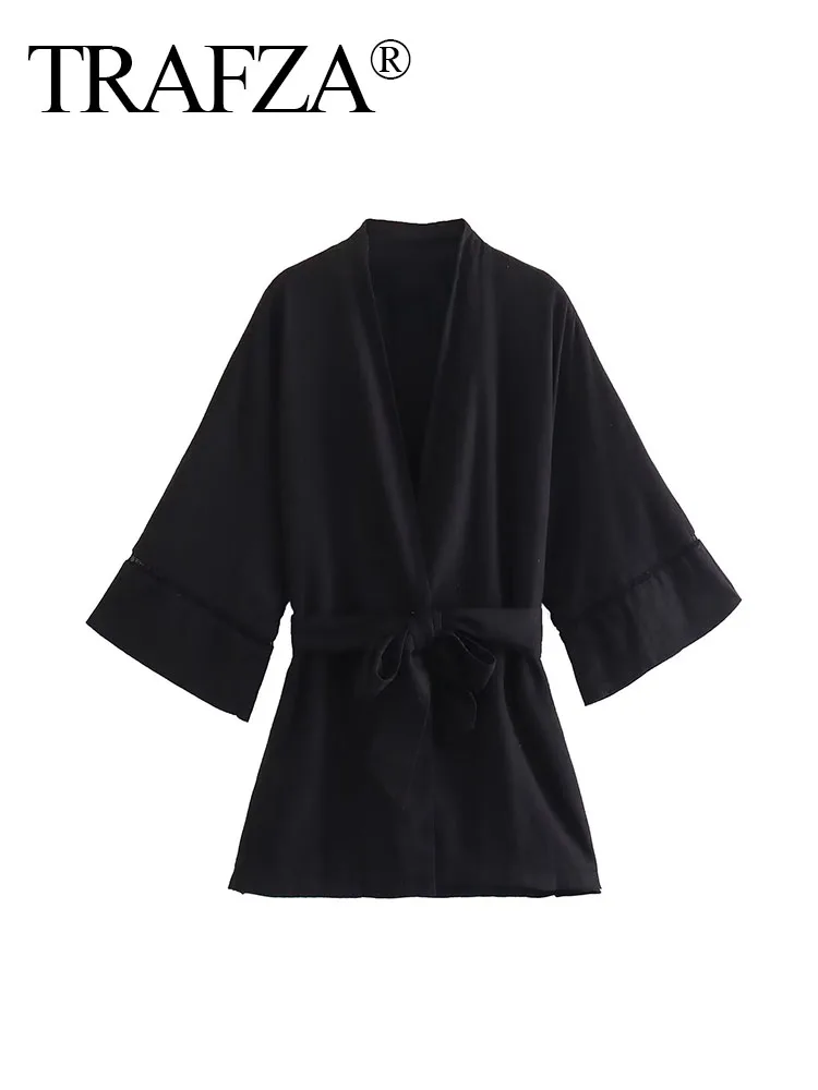 

TRAF ZA Female Vintage And Chic Clothing Black V-Neck Loose Three Quarter Sleeve Belt Summer New Fashion Tops For Women 2023