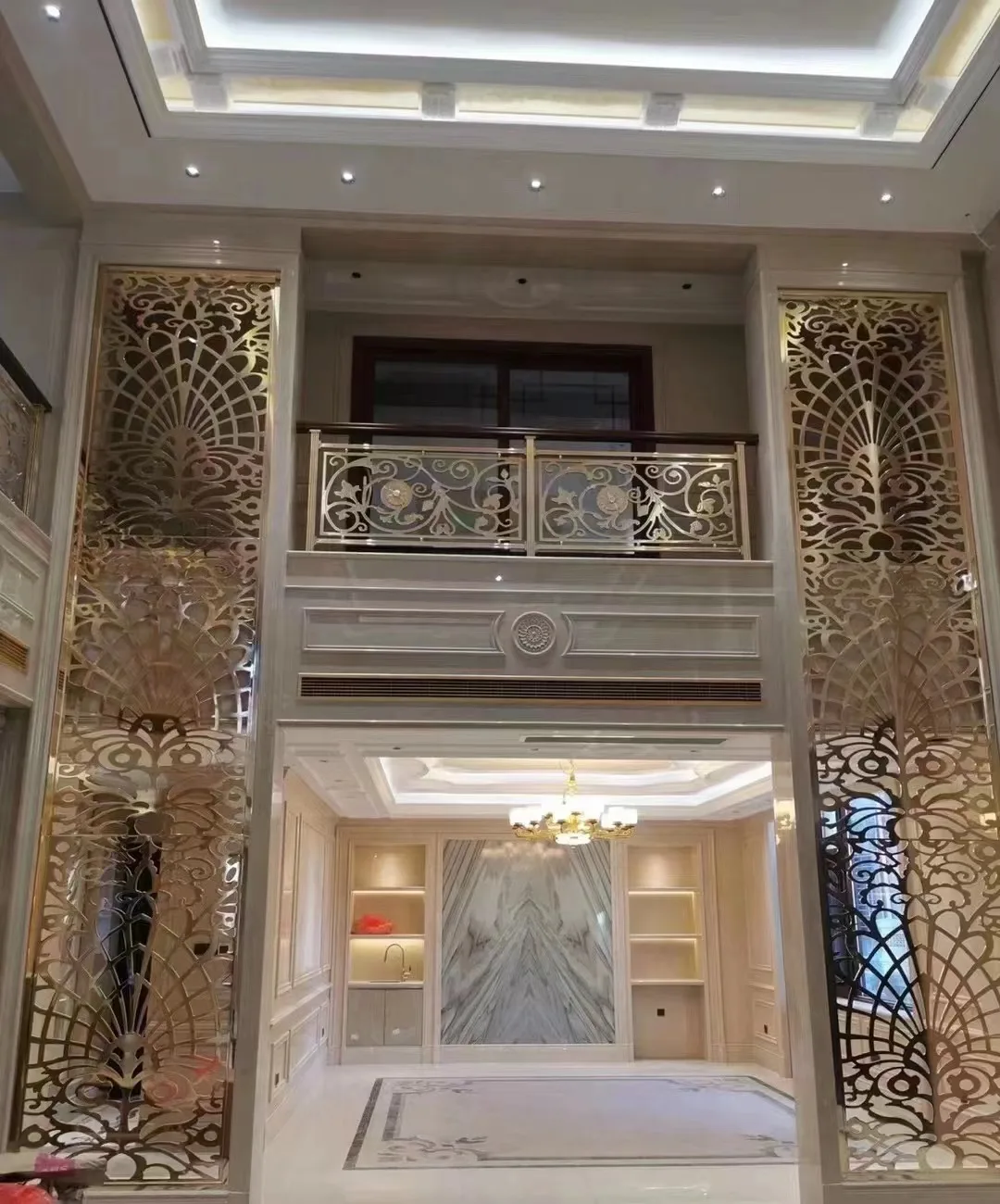 

Stainless steel new Chinese screen partition living room metal grille lattice hollow carving through flower aluminum plate carvi