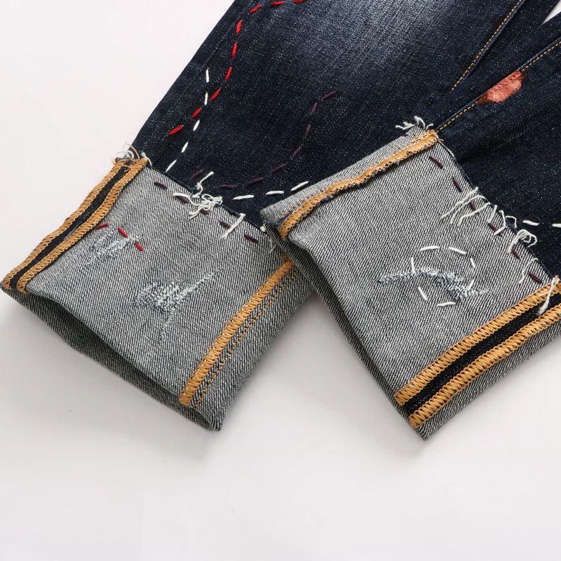 High Street Fashion Men Jeans Retro Black Blue Elastic Slim Ripped Jeans Men Embroidery Designer Painted Hip Hop Pants Hombre