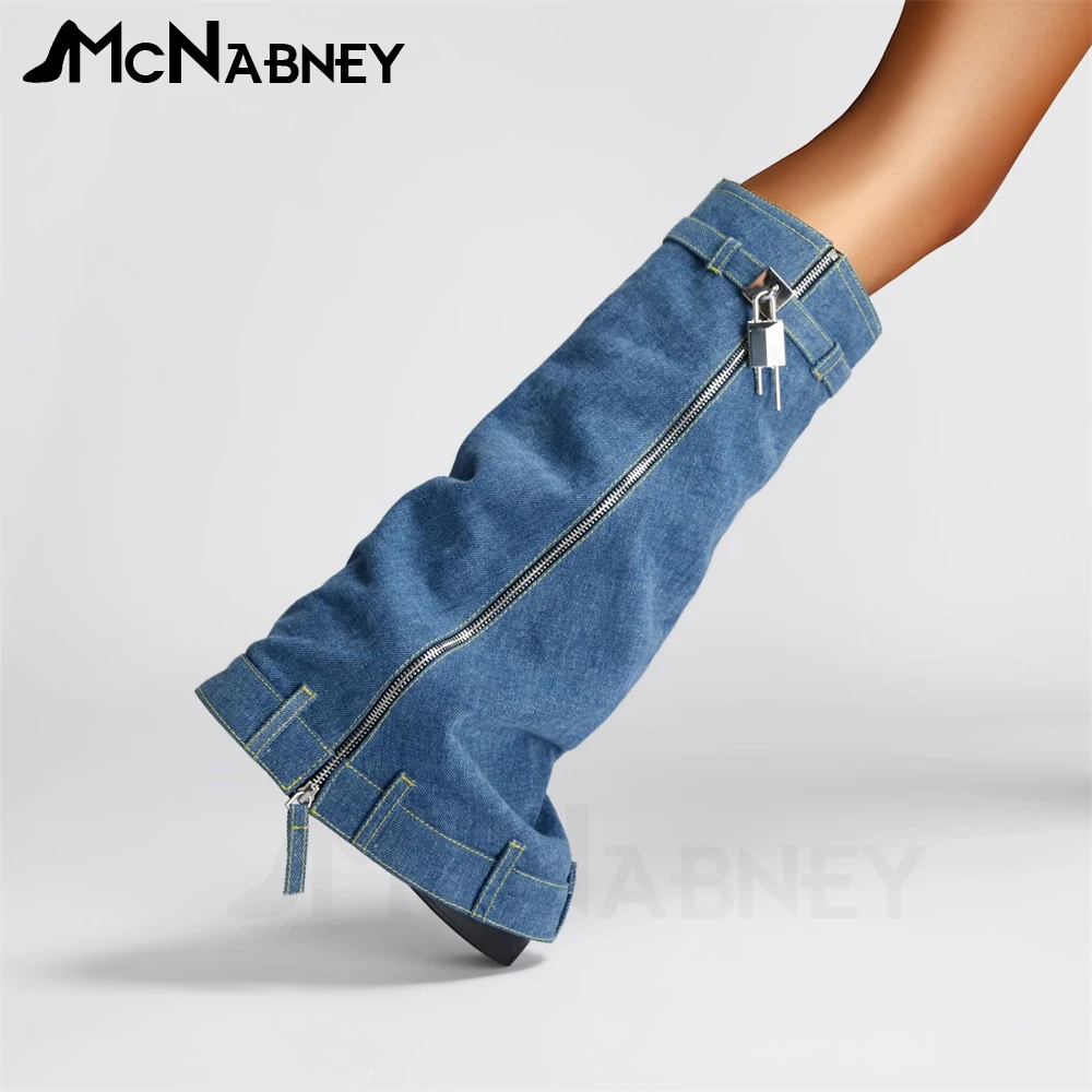 Denim Platform Biker Boots Chunky Heel Boots Metal Lock Boots Designer Style Knee High Fashion Zipper Jeans Design Women Boots
