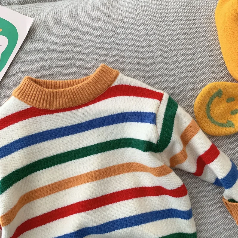 Autumn Toddler Girls Striped Knitted Sweater Pullover Kids Cotton Clothes Baby Boys Rainbow Knitwear Outwear Children Undershirt