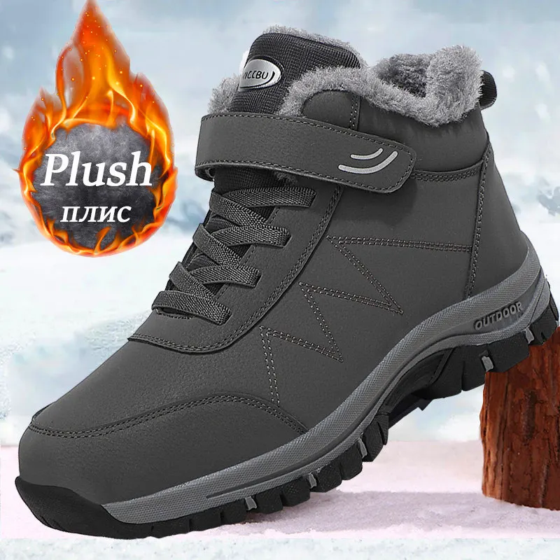 Men Boots Winter Women Boots Plush Leather Waterproof Sneakers Outdoor Warm Boots Unisex Climbing Shoes Lace-up Hiking Boots Man