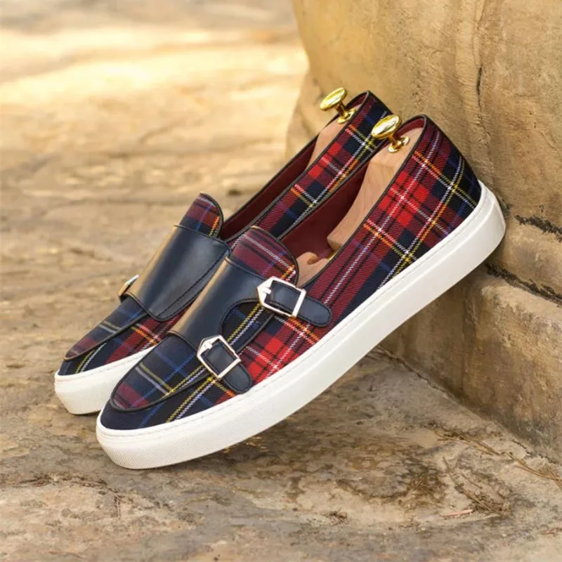 Loafers Men Shoes Canvas Plaid Classic Fashion Moccasin Man Party Outdoor Daily PU Double Buckle All-match Casual Shoes