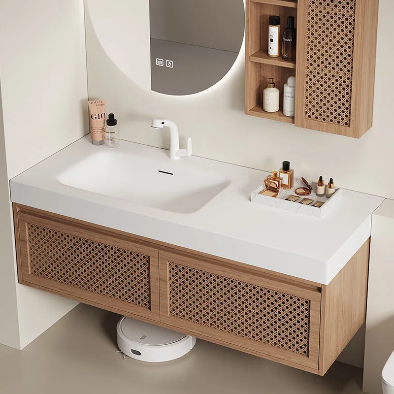 Фото Комплект мебели для ванной комнаты Corian: тумба с интегрированной раковиной в стиле ретро из ротанга, умывальник из массива дерева №4