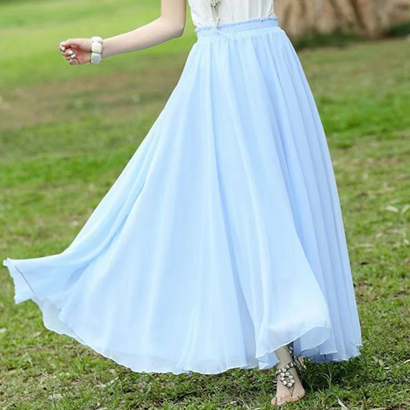 

White Chiffon Skirt Women Elegant School Girl Chinese Preppy Style Cute Clothes Kawaii Korean Maxi Long Stage Dance A Line Party