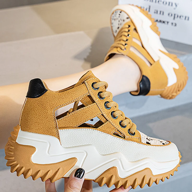 Mesh Genuine Leather Hollow Strap Design Comfy High Brand Breathable Shoes Chunky Sneakers Spring Summer Platform Wedge Shoes