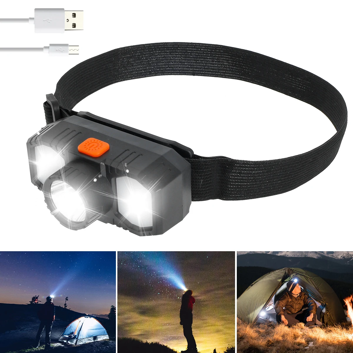 

USB Rechargeable LED Headlamp IPX5 Waterproof Headlight Adjustable 90° Rotating Head Flashlight For Running Fishing Hiking