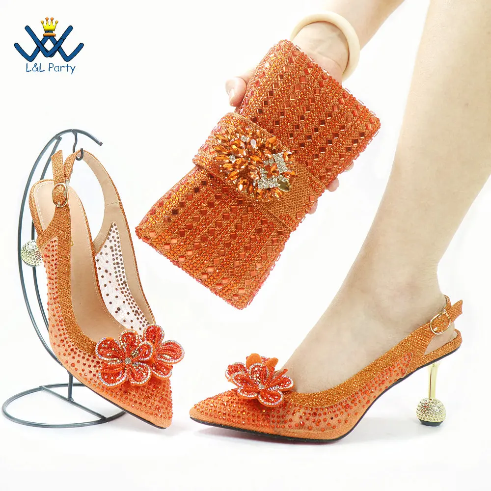 

Mature Style Nigerian Women Shoes Matching Hand Bag Set in Orange Color Specials Heels Pumps for Wedding Party