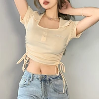 lace up ribbed women stylish embroidery letters square neck drawstring girls crop top t shirt