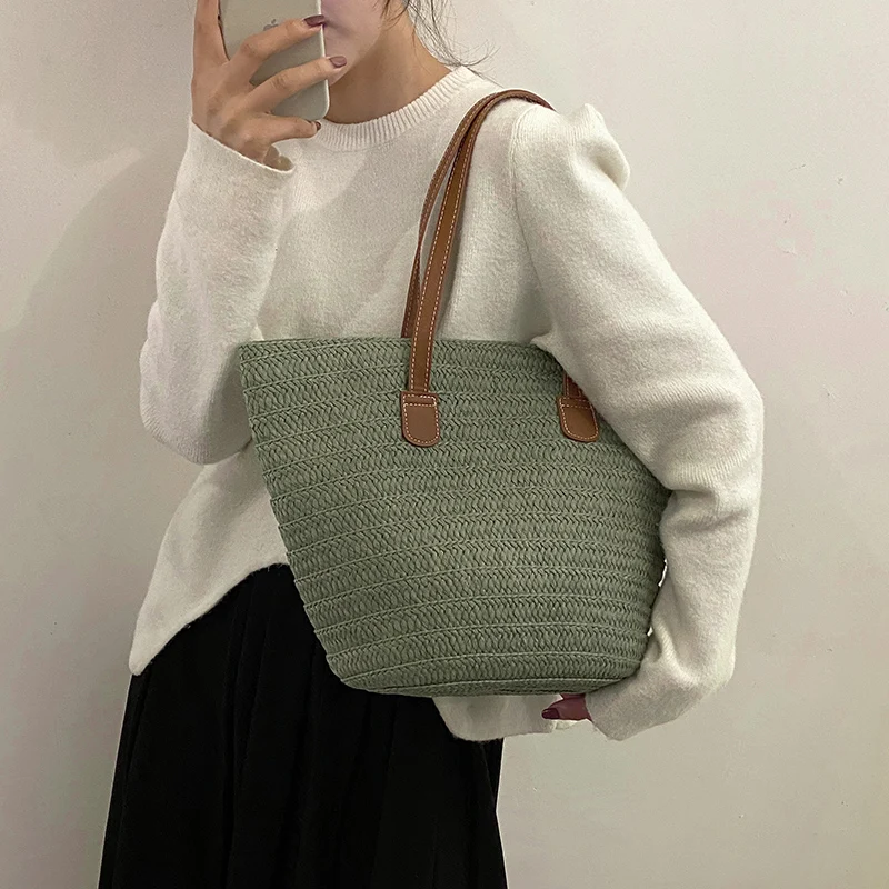 Summer Straw Bag Large Capacity Casual Tote Women Simple Solid Vacation Beach Bag Designer Shoulder Bags Top-Handle Bags Handbag