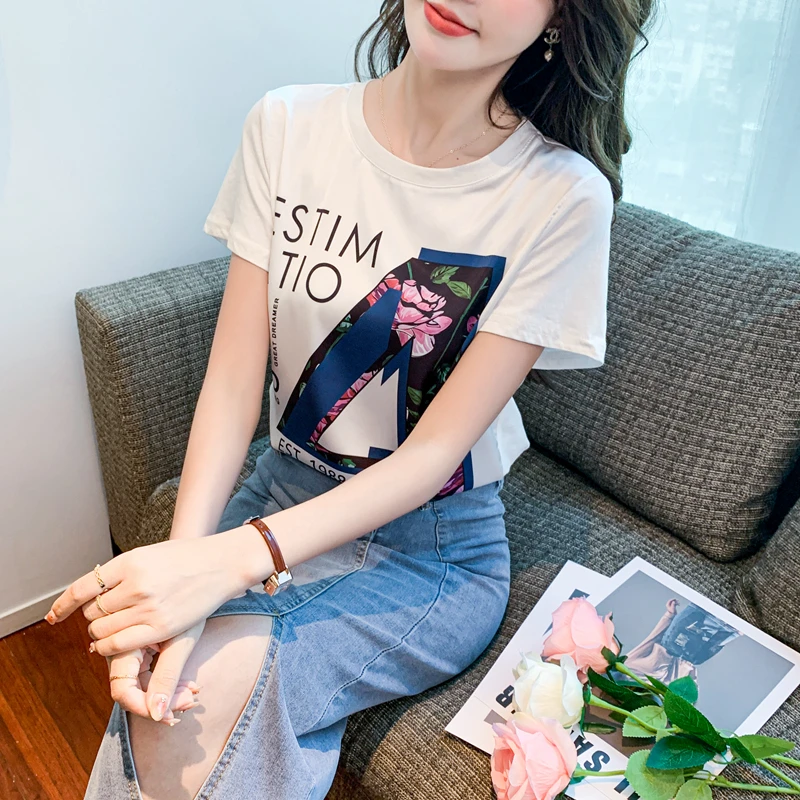 

Large Summer New Women White Letter T-shirt Female Short Sleeved Loose Tees Ladies Design Sense O Neck Print Top