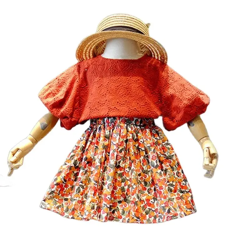 

Топ с пышными рукавами Sodawn + юбка с цветочным принтом, комплект одежды из 2 предметов, летняя одежда для девочек, костюм с платьем, 2022