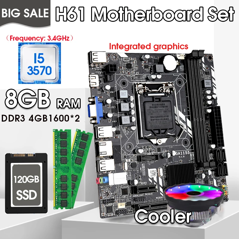 

Комплект материнской платы H61 LGA 1155 с процессором I5 3570 и DDR3 4 гб * 2 шт. = 8 гб озу для пк, 1600 мгц память, вентилятор цп, 120G SATA SSD