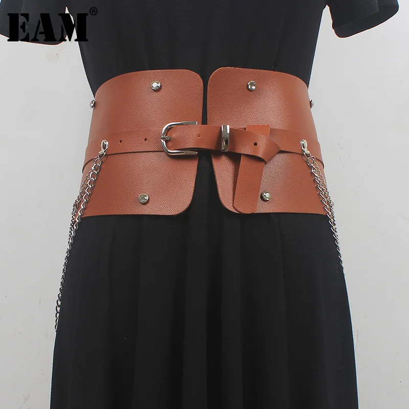 [EAM] Длинный широкий ремень из искусственной кожи с верблюжьей металлической