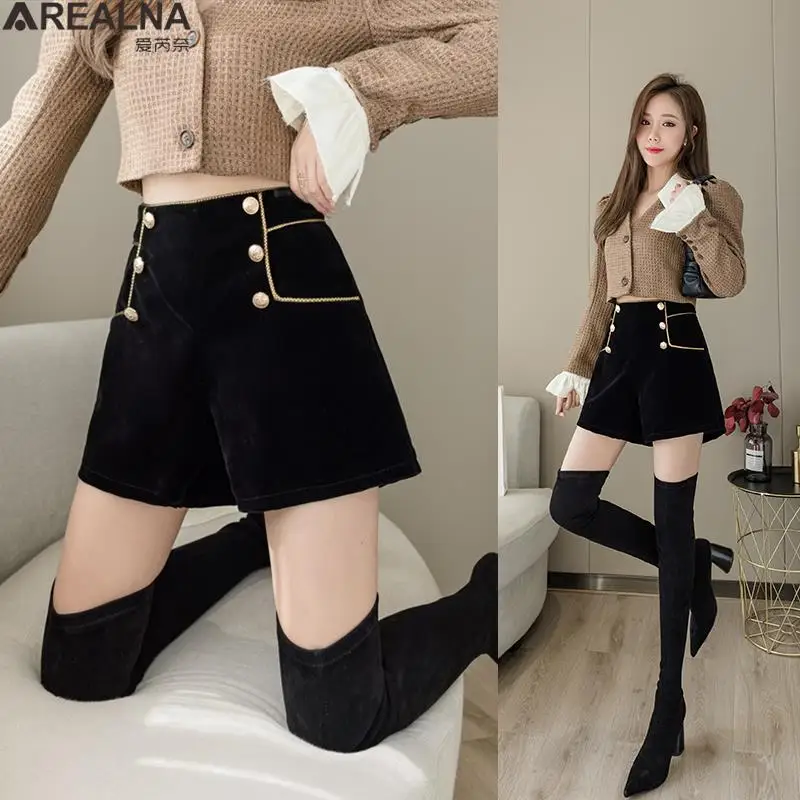 2023 spring High Waist black Women's Office Shorts Wide Legged A-Line Golden velvet Shorts Female Korean loose women shorts 5XL