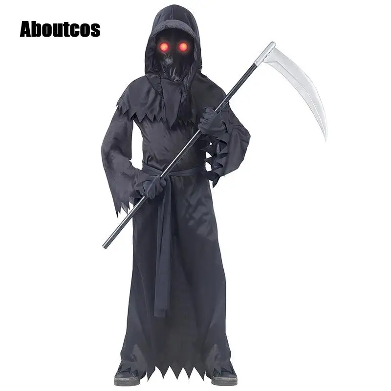 

Aboutcos Children's Mysterious Horror Grim Reaper Black Dress Up Halloween Costumes Cool Red Eyes Send Sickle