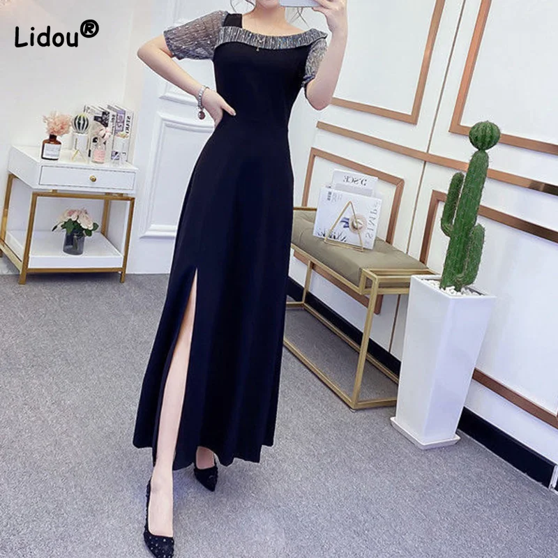 

Женское однотонное платье миди с открытыми плечами, элегантное лоскутное платье из сетчатой пряжи с блестками, на молнии, с коротким рукаво...