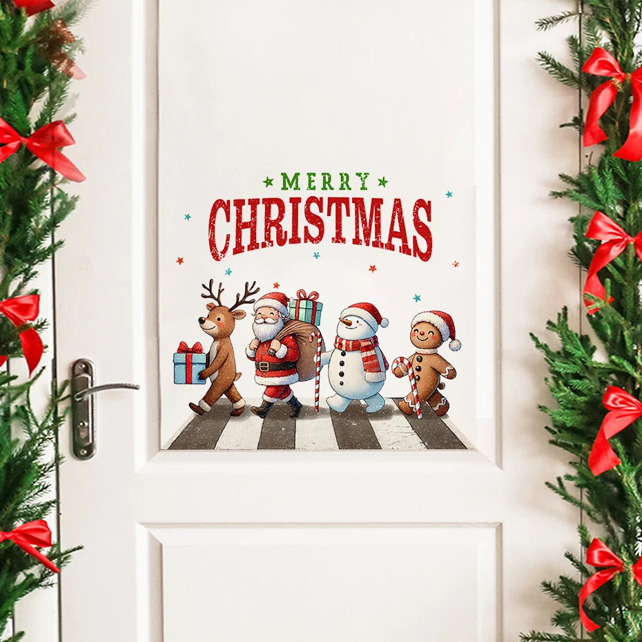 Наклейка на дверь с рисунком Санта-Клауса лося снеговика наклейка окно стену