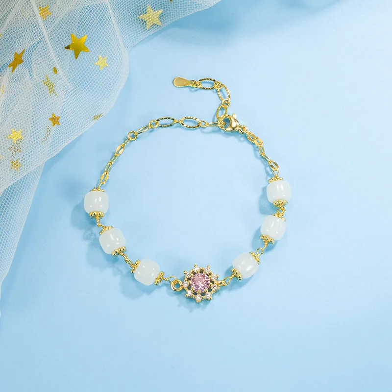 

Hetian Jade Bracelet Elegant Lotus Root Pink Zircon Bracelet Special-Interest Design 2022 New Female Mild Luxury Retro