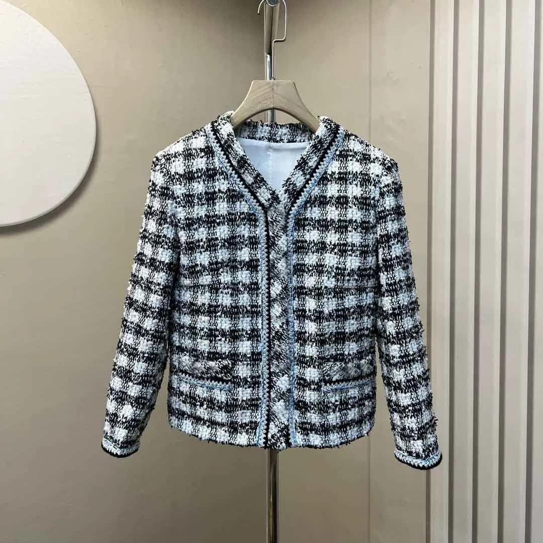 

Новинка весна-лето, цветное клетчатое Тканое мягкое твидовое пальто из пряжи для пожилых! Классический укороченный V-образный вырез, укороченный рукав