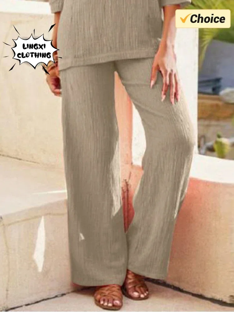 Женский элегантный комплект свободных брюк из смеси хлопка и льна в офисном