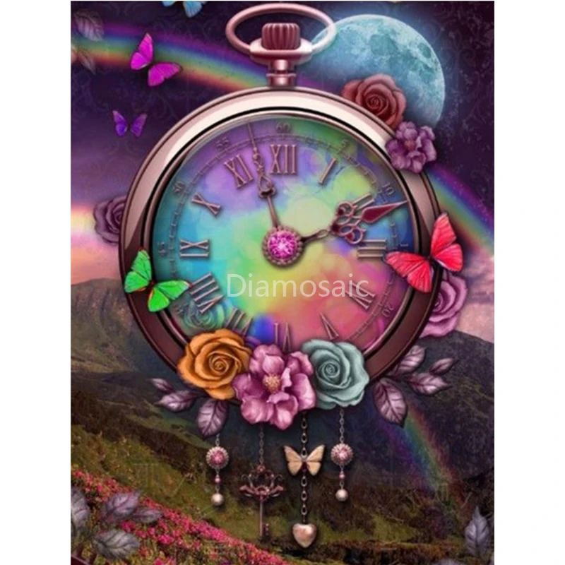 Алмазная 5D картина из страз полноразмерная вышивка с круглыми часами-бабочками