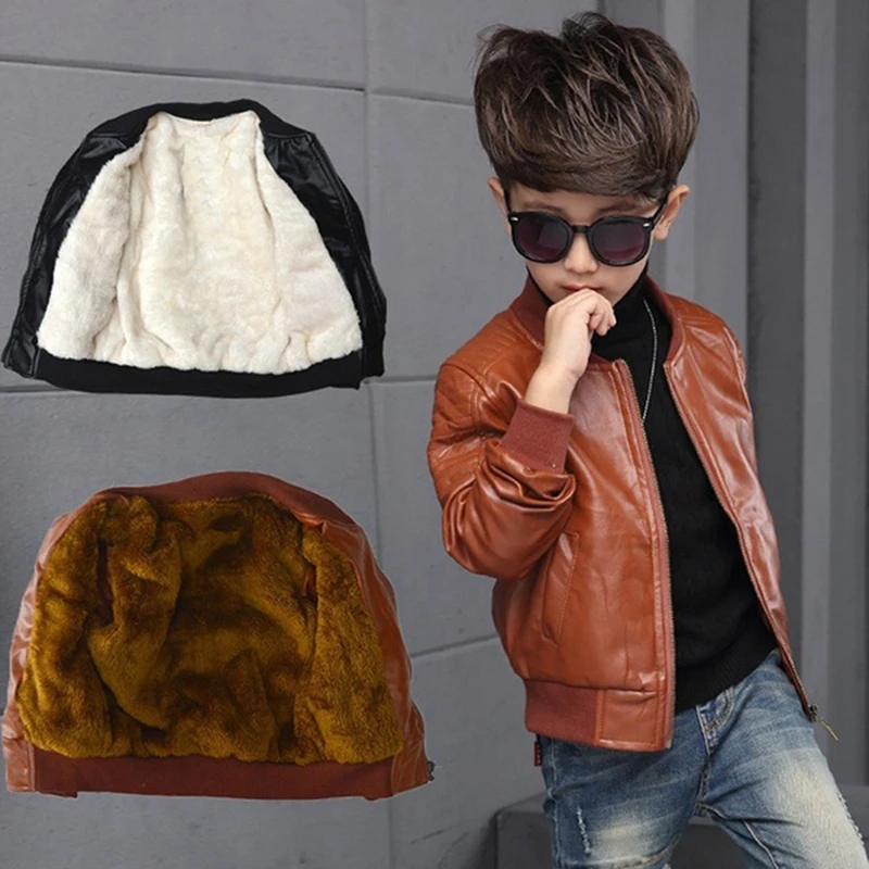 

New Arrived Boys Coats Autumn Winter Fashion Korean Children's Plus Velvet Warming Cotton PU Leather Jacket For 6-15Y Kids Hot
