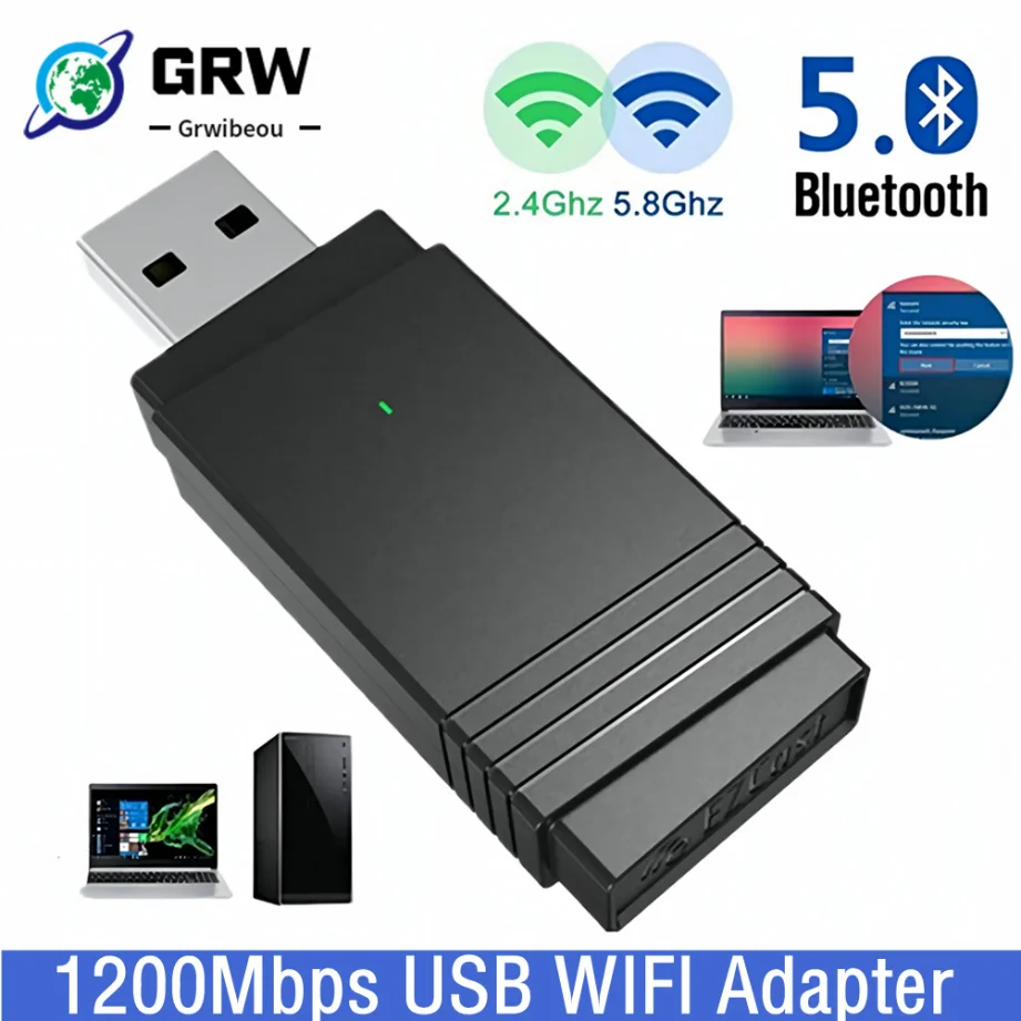 

Grwibeou 1200Mbps USB 3.0 Wifi Adapter Dual Band 2.4Ghz/5.8Ghz Bluetooth 4.0/WiFi 2 in 1 Antenna Dongle Adapter For Laptops PC
