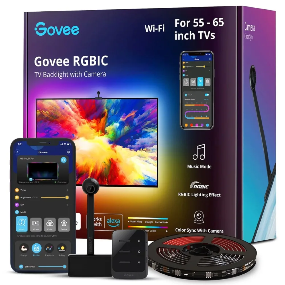 

Govee New TV Strip Lights with Camera, Backlight for 55-65 inch TVs, Music and Video Sync TV Light， LED Light Strips