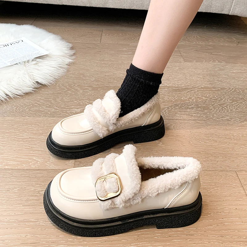 

Moccasin Shoes Loafers With Fur Round Toe All-Match Oxfords Women's Autumn Clogs Platform British Style Casual Female Sneakers M